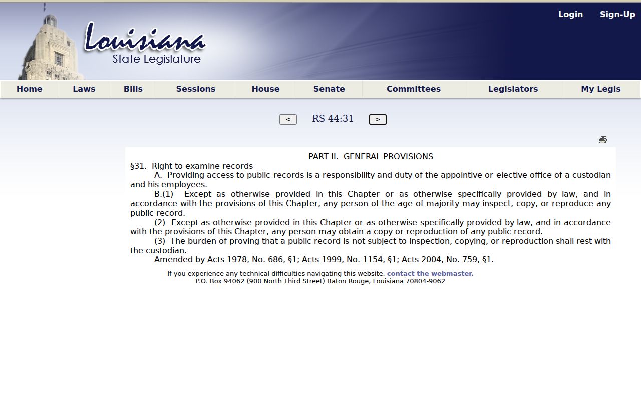 Louisiana public records access statute shown for Morehouse Parish warrant records