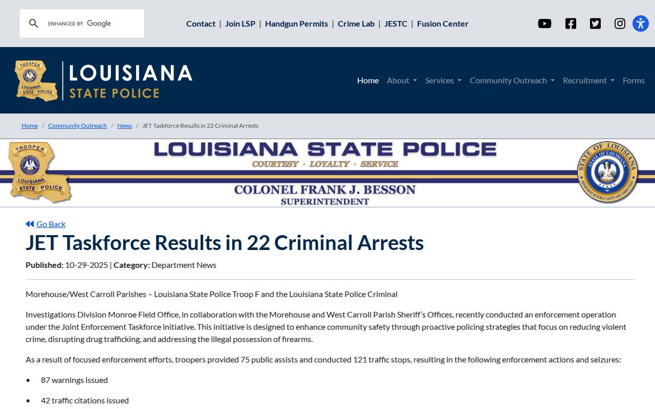 Dated state police enforcement totals reviewed for Morehouse Parish most wanted warrant records